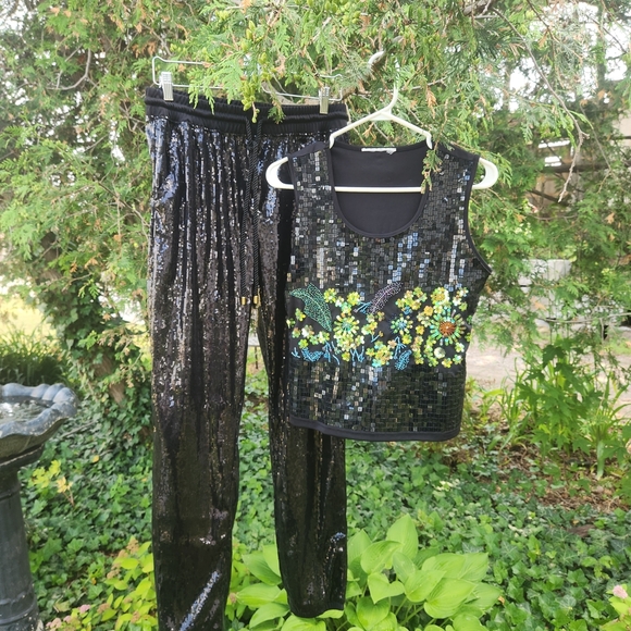 VENUS Black Sequin Joggers & Beaded Tank Top M - Picture 1 of 9